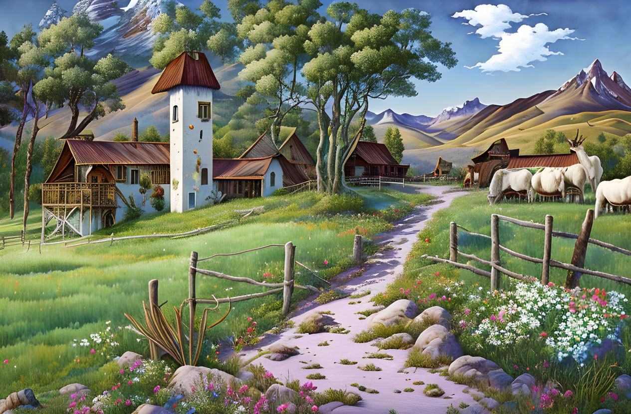 Rural landscape with windmill, wooden houses, horses, and mountains