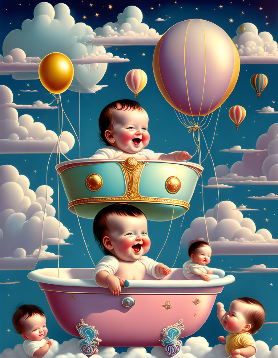 Whimsical artwork of cheerful babies in a floating bathtub airship