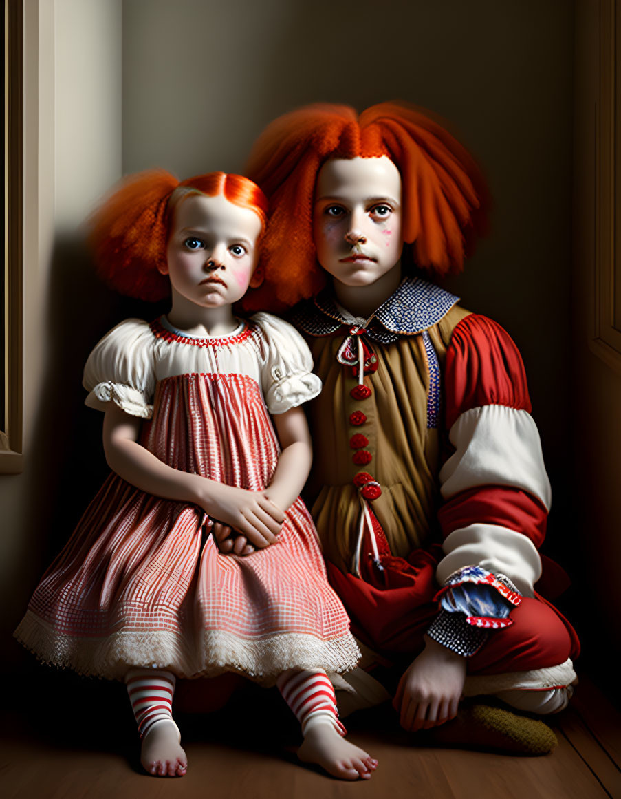 Stylized children with red hair in vintage clothing in dimly lit room