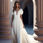 Elegant woman in white dress with lace details and loose waves hairstyle