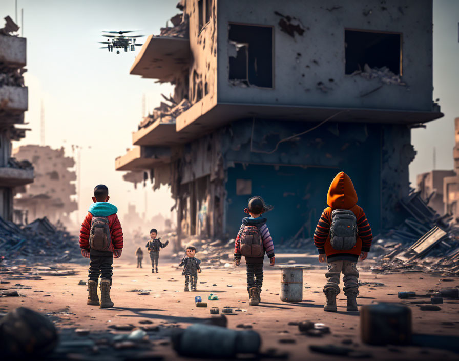 Children in post-apocalyptic urban landscape with flying drone.