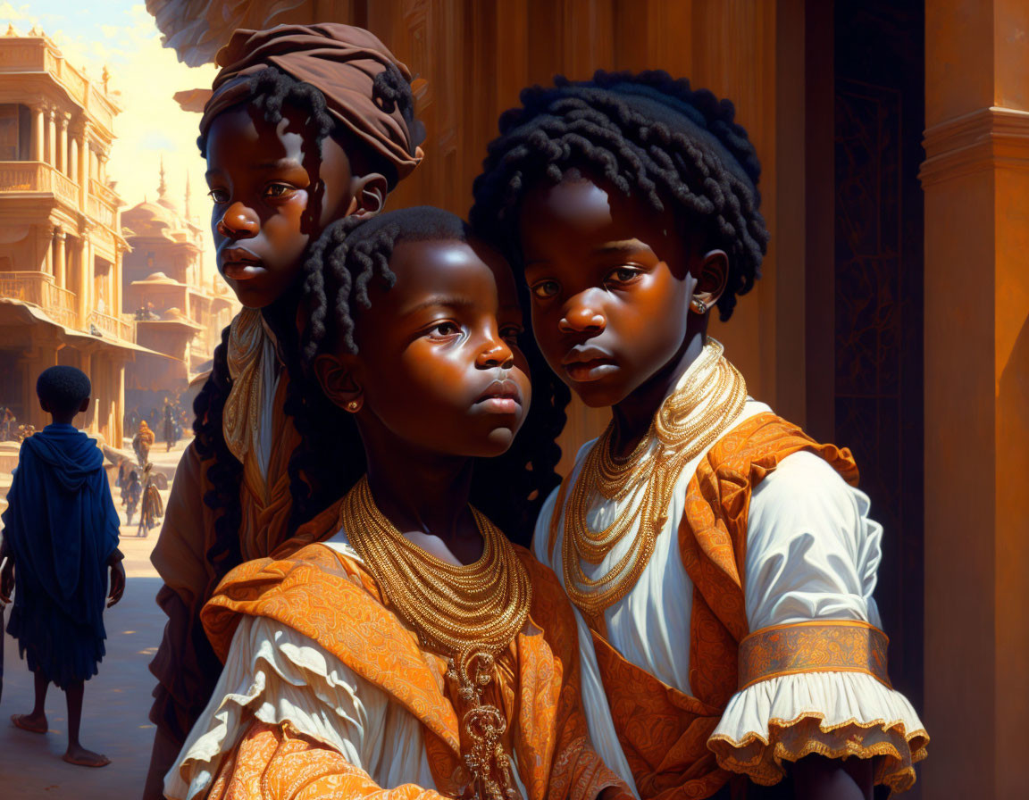 Three children in ornate attire and headwraps standing in a sunlit market street