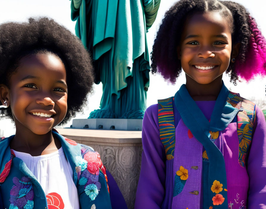 Two girls posing in front of a statue in colorful outfits