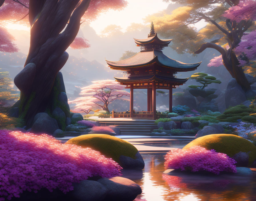 Traditional pagoda surrounded by cherry blossoms and lush greenery
