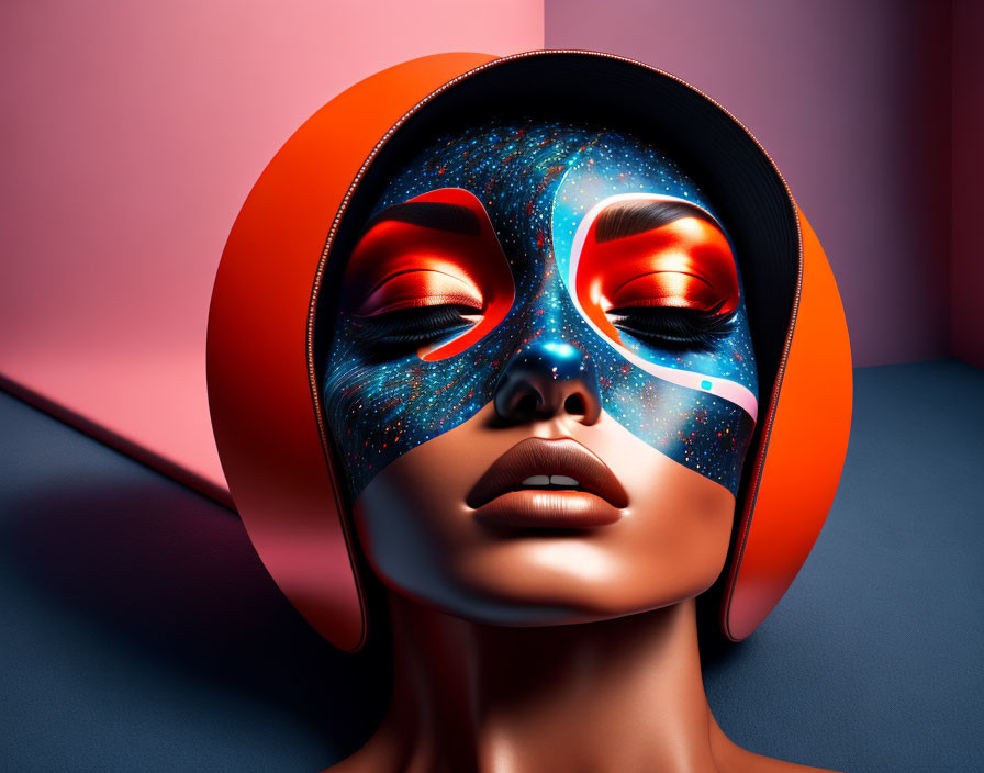 Surreal portrait with galaxy face paint and orange eyeshadow