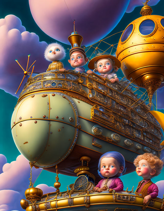 Whimsical illustration: Babies and fluffy creature on steampunk airship