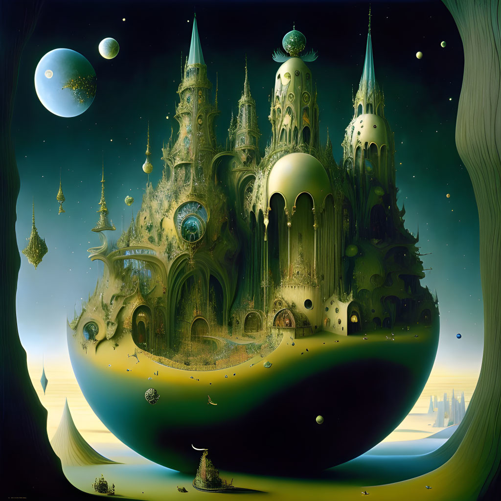 Fantastical painting of ornate castle on floating island surrounded by planets.