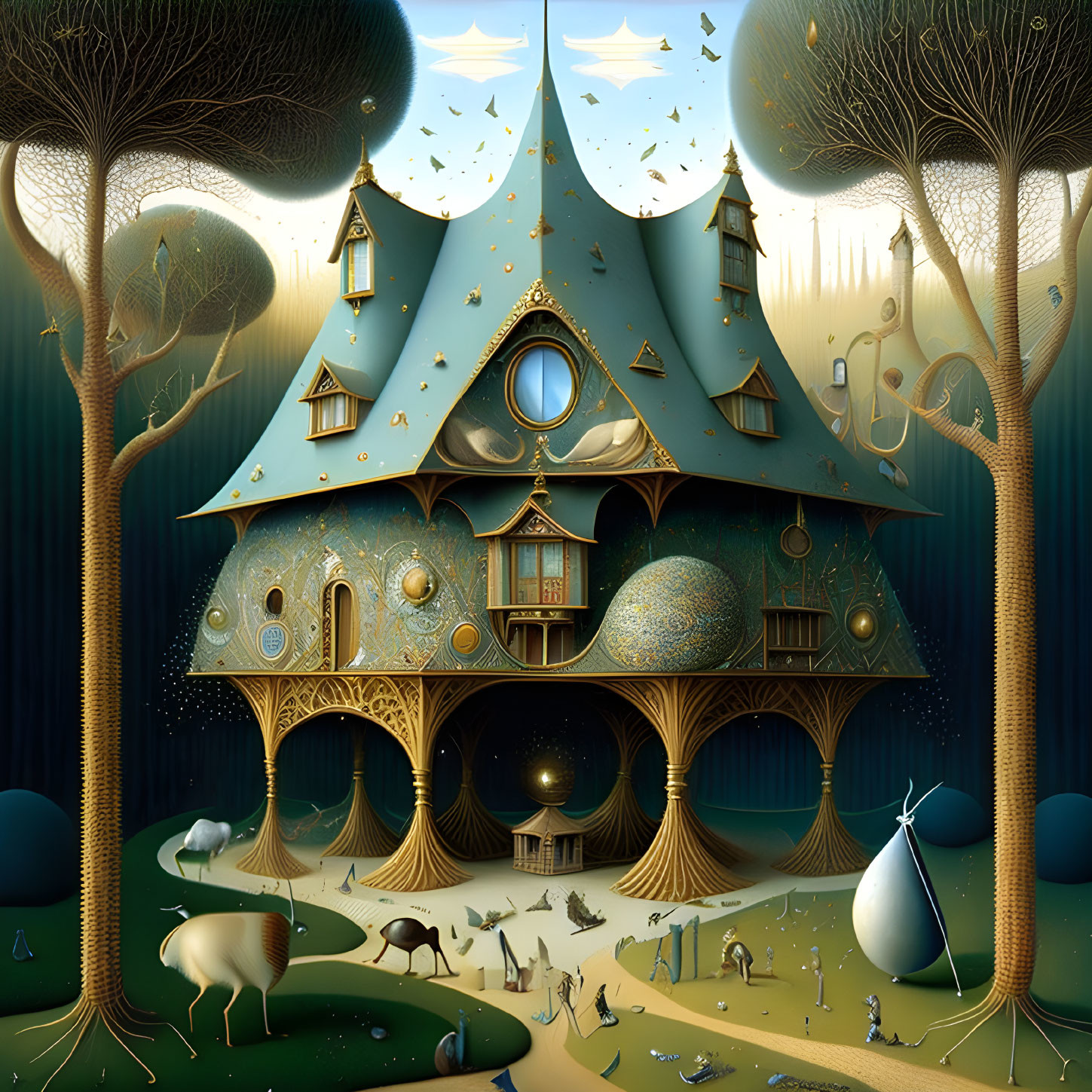 Fantasy treehouse illustration in magical forest at dusk