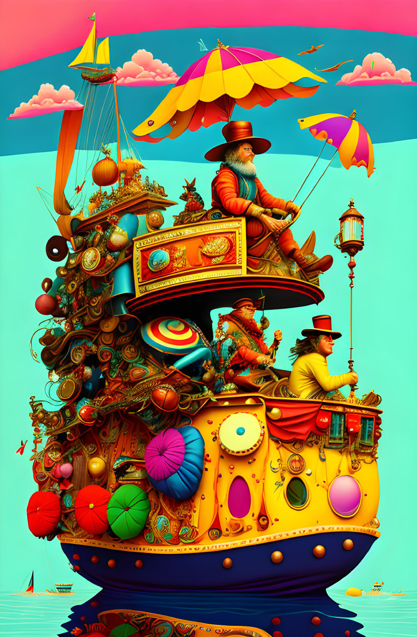 Colorful Fantastical Ship Illustration with Whimsical Decorations