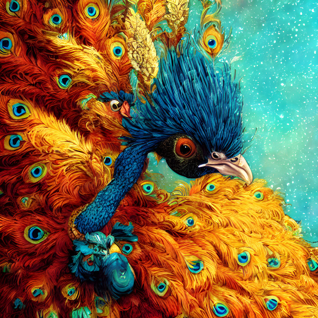 Colorful Peacock Artwork with Vibrant Plumage on Teal Background