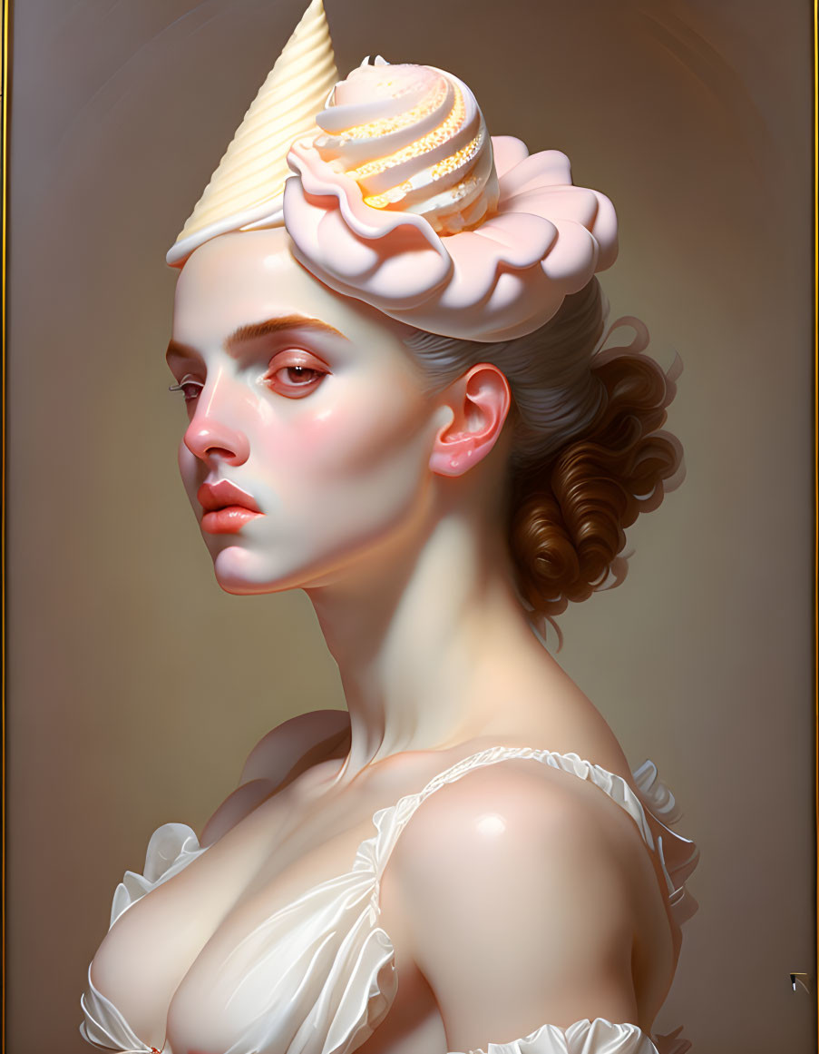 Whimsical woman illustration with ice cream cone hat in classical attire