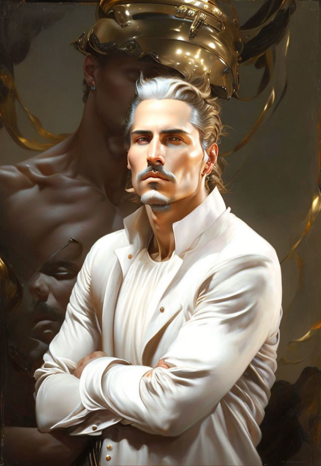 Fashionable man in white suit with slicked-back hair and mustache poses confidently