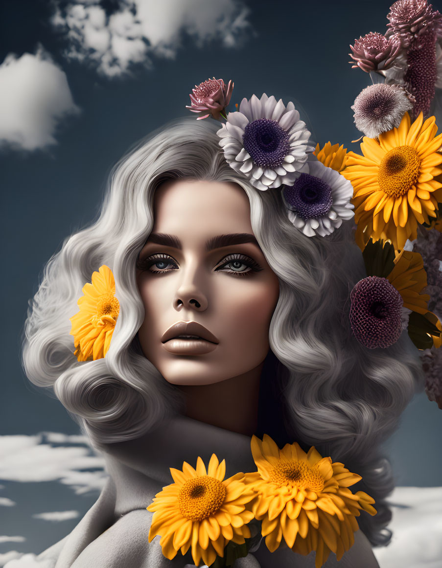 Digital artwork: Woman with gray curls, sunflowers, purple flowers, cloudy sky