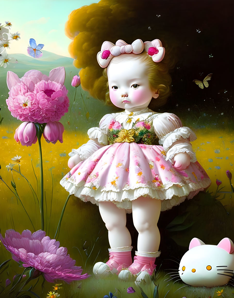 Surreal child illustration in pink dress with Hello Kitty in fantasy field