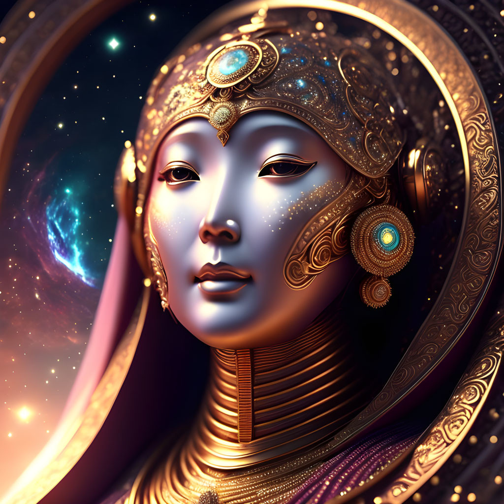 Detailed digital artwork: Female figure with golden headdress and cosmic background