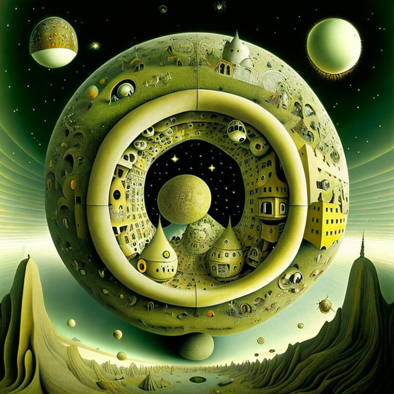 Circular Landscape with Intricate Buildings and Celestial Bodies in Green Sky