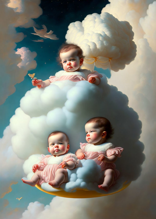 Three cherubic babies on clouds with surreal, modern twist