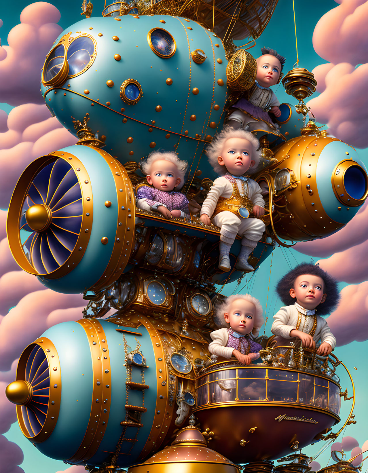 Whimsical steampunk submarine with babies among pink clouds