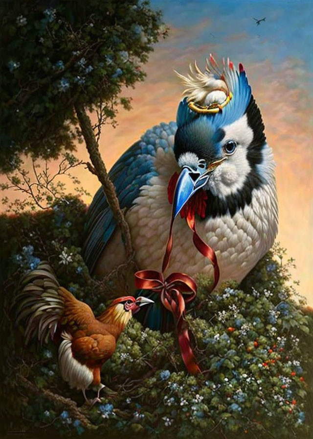 Surreal painting of large bird and rooster in lush flora