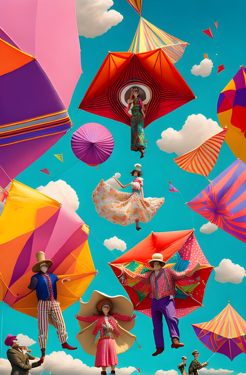 Vibrant kites and flamboyant outfits in colorful scene