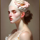 Whimsical woman illustration with ice cream cone hat in classical attire