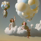 Three cherubic babies on clouds with surreal, modern twist