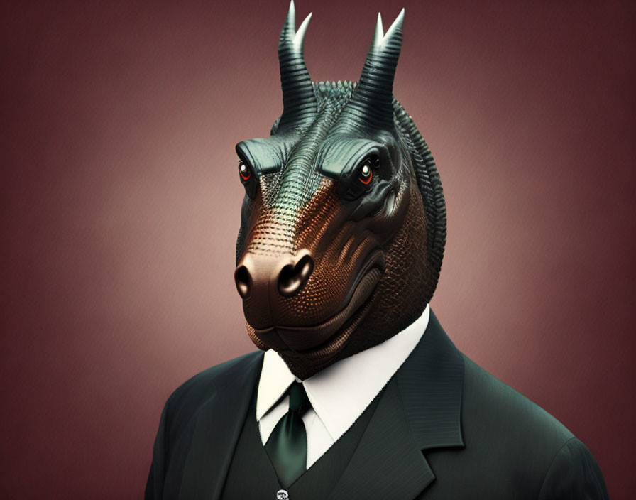 Digital artwork: Triceratops head with human-like eyes in formal attire on maroon background