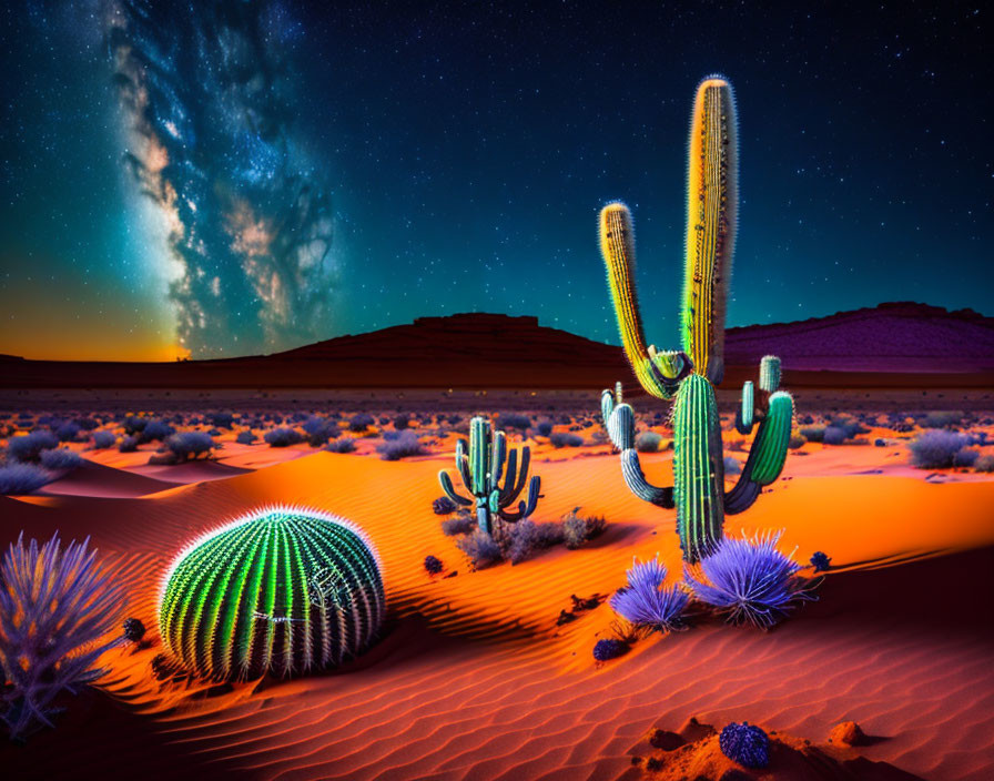 Desert Night Scene with Cacti, Sand Dunes, and Starry Sky