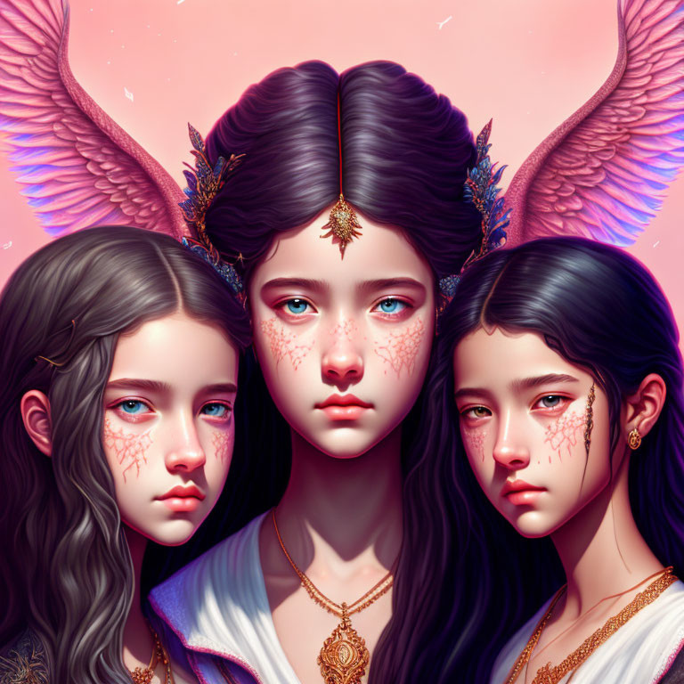 Ethereal female figures with gold facial markings and wings on pink background