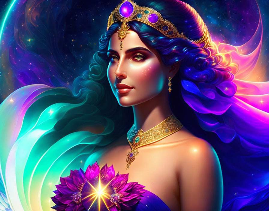 Colorful digital portrait of woman with blue skin and cosmic hair holding glowing flower