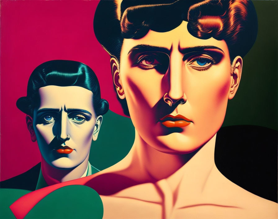 Colorful surreal painting of two faces with exaggerated features