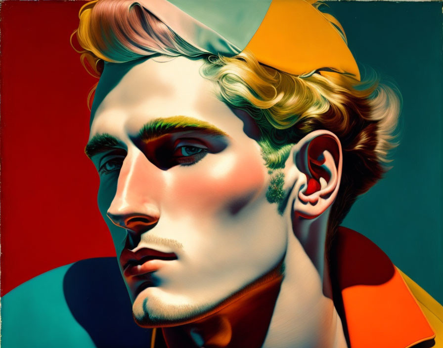 Vibrant digital art of stylized man with exaggerated features and yellow cap on colorful backdrop