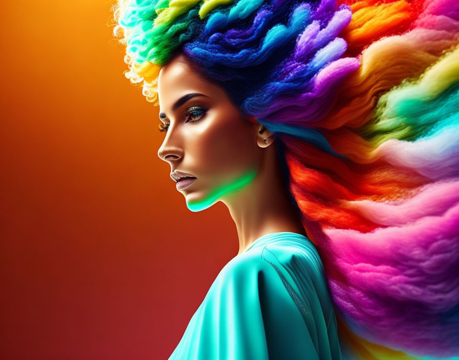 Colorful portrait of woman with rainbow hair on gradient backdrop