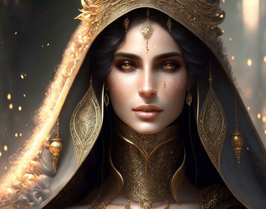 Regal woman with dark hair in golden headdress and jewelry