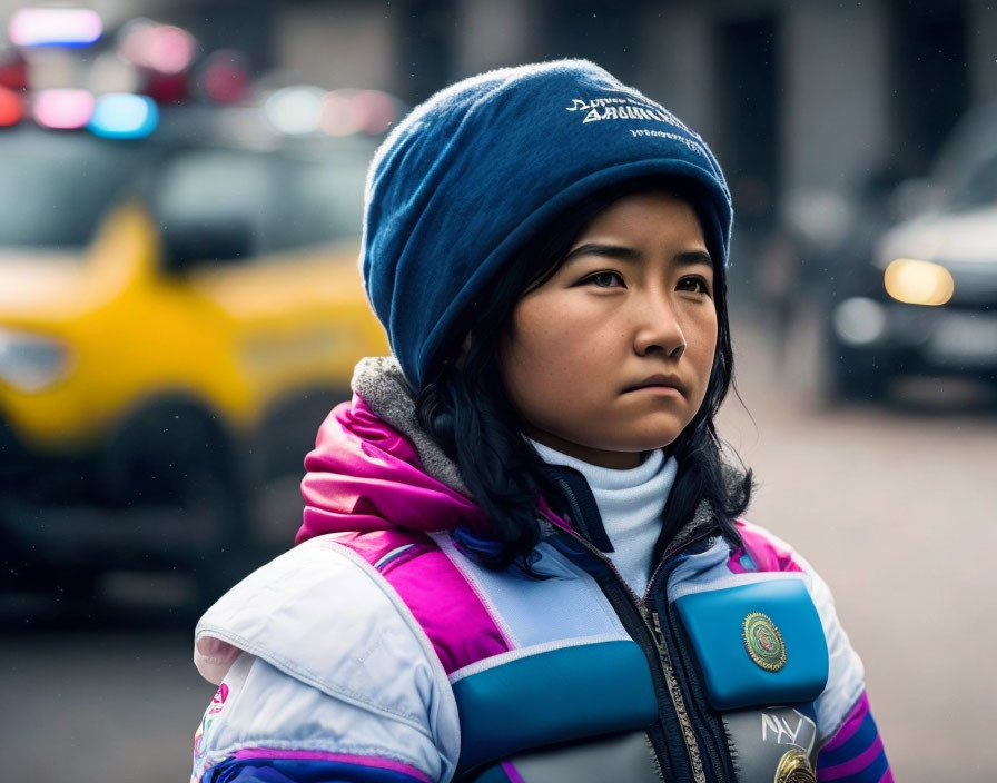 Child in Blue Beanie and White/Pink Jacket on Street with Blurred Background