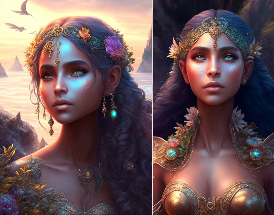 Mystical elf woman digital art: golden headpieces, blue skin, violet flowers, golden armor