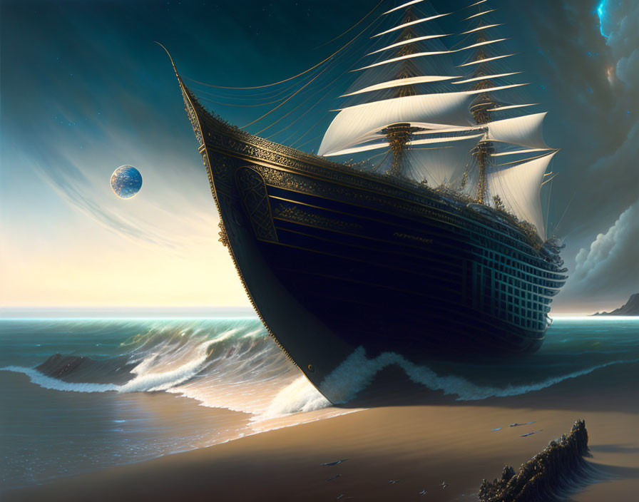 Sailing ship with multiple sails under starry sky and large planet.