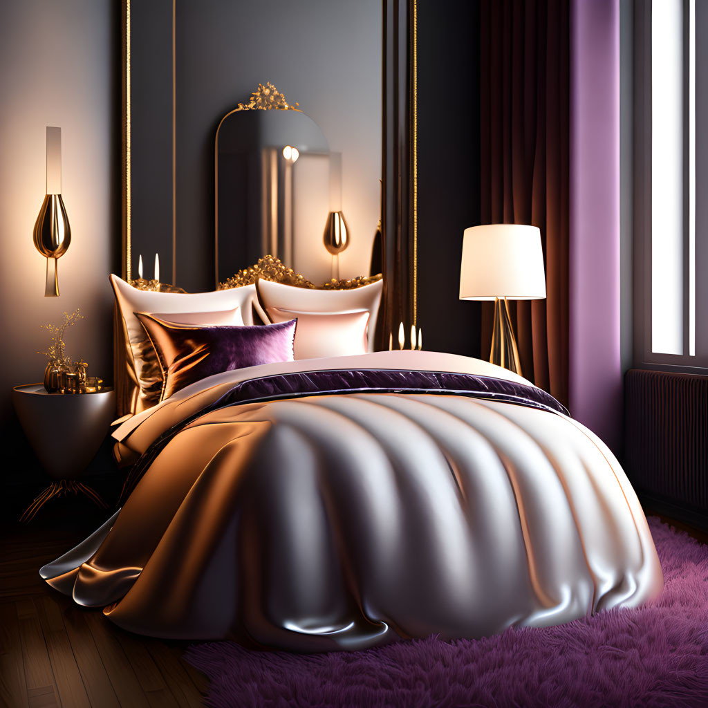 Opulent bedroom with purple rug, golden accents, silk bedding, and ambient lighting