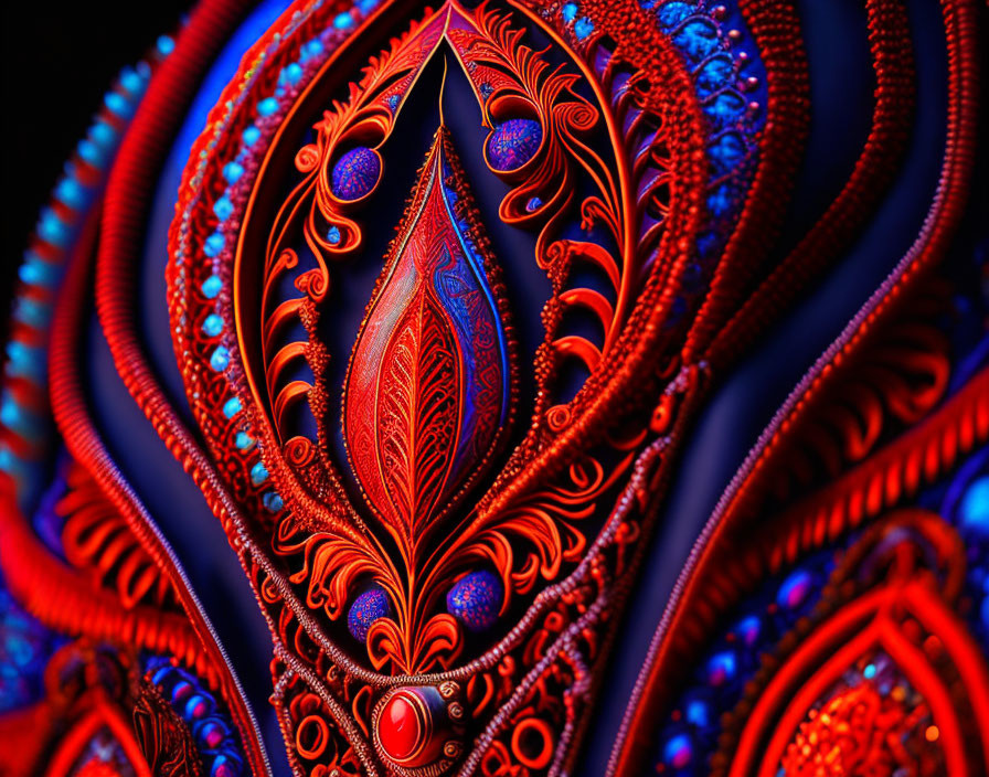 Symmetrical Red and Blue Fractal Design with Ornate Patterns