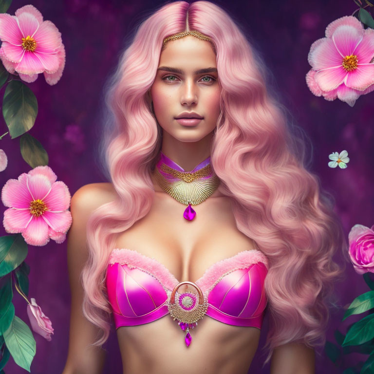 Portrait of Woman with Pink Hair, Blue Eyes, Purple Brassiere, Gold Jewelry, and Pink Flowers