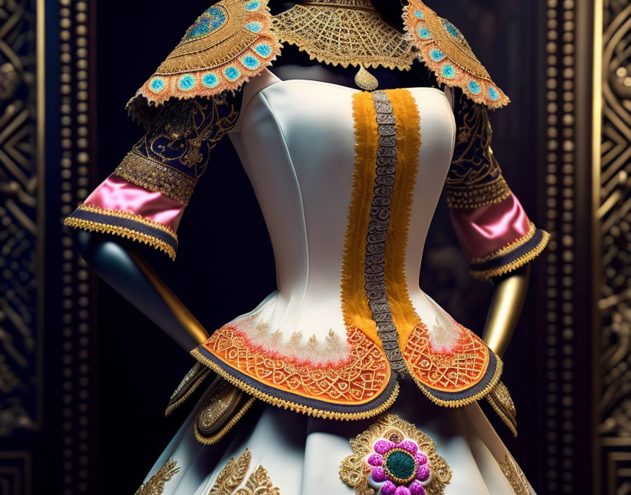 Traditional ornate dress with gold trim and vibrant colors on mannequin