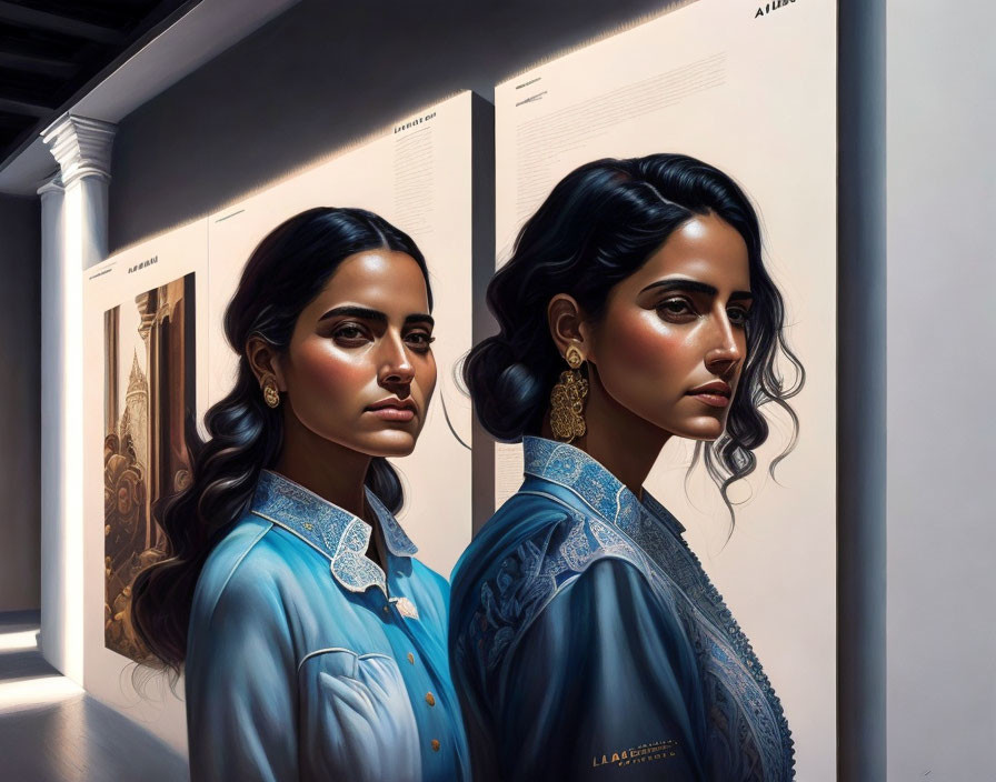 Hyperrealistic Painting of Two Women in Blue Shirts by Informational Wall Displays