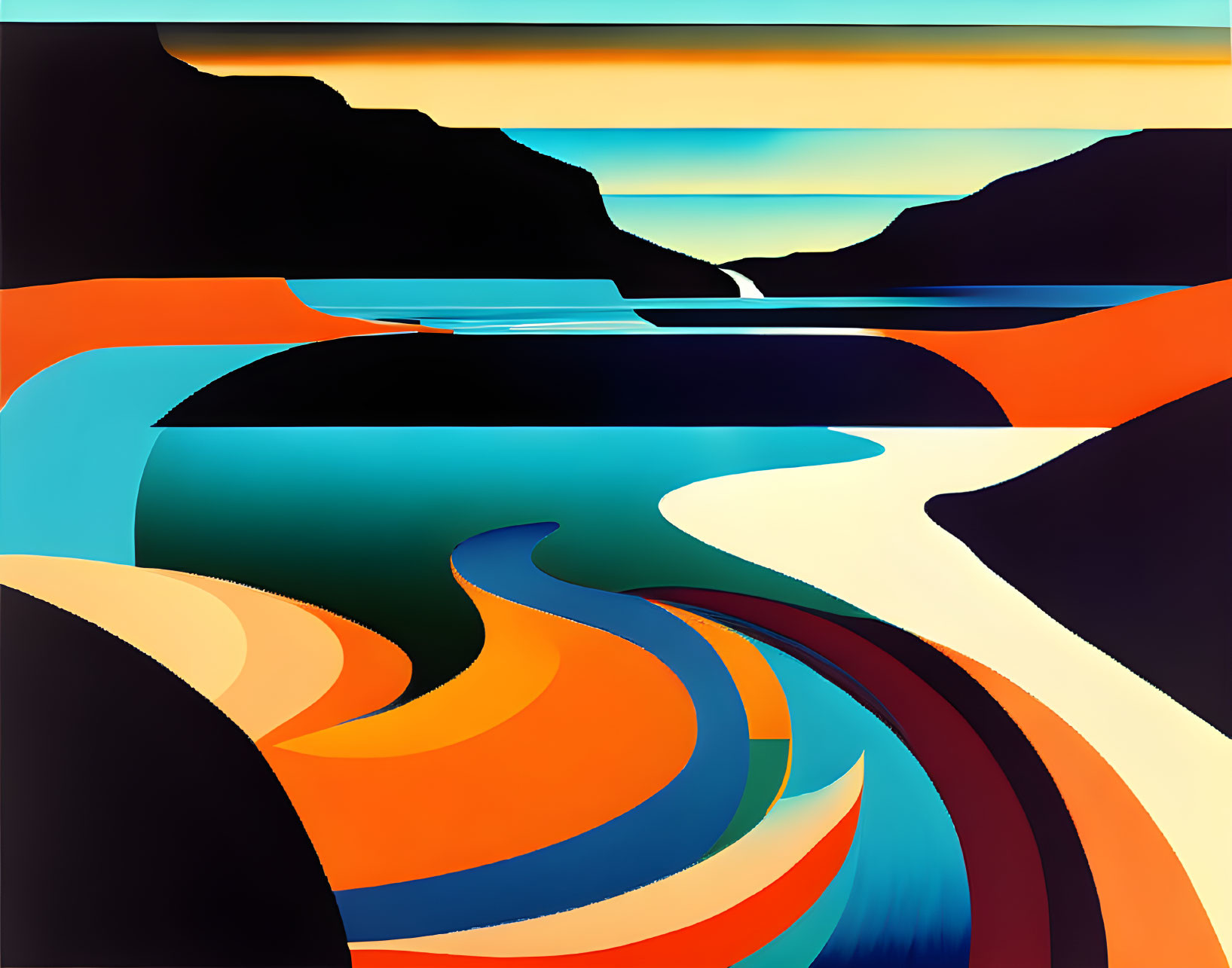 Colorful Stylized Landscape with River, Hills, and Sky