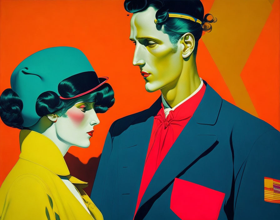 Colorful Painting of Stylized Man and Woman in Vintage Fashion on Orange Background