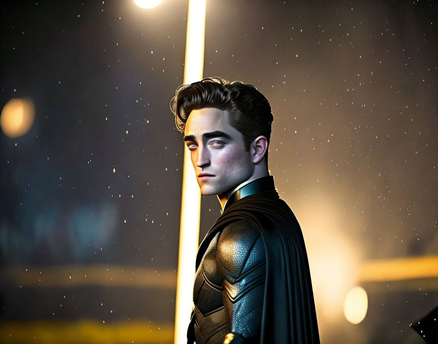 Male superhero in black suit by light pole at night