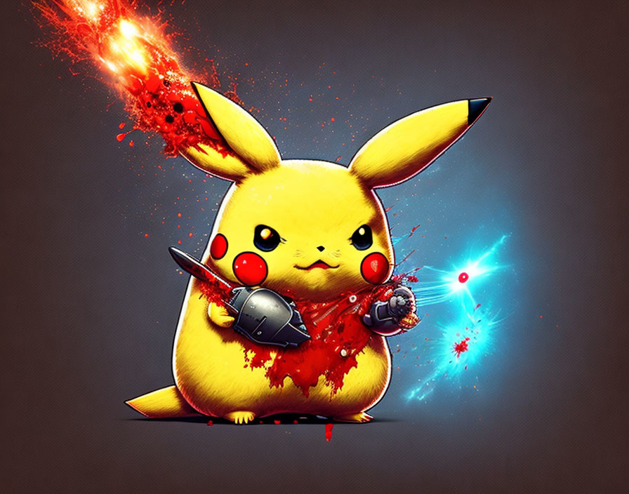 Dramatic Pikachu artwork with sword and lightning against colorful dark backdrop