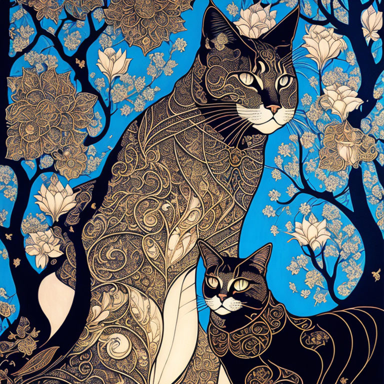 Detailed Stylized Cats Illustration on Blue Background with Golden Floral Motifs