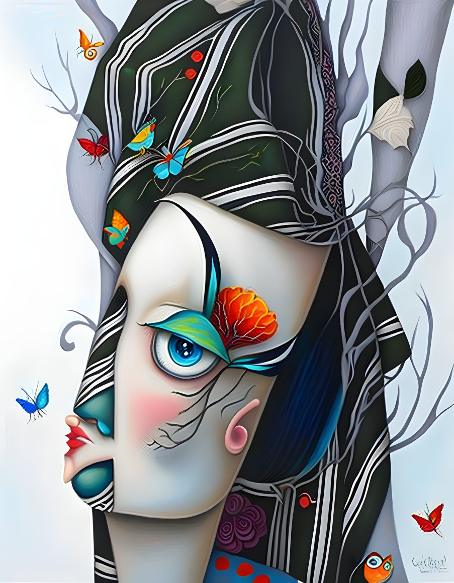 Colorful surreal portrait with nature elements and bold flower on temple