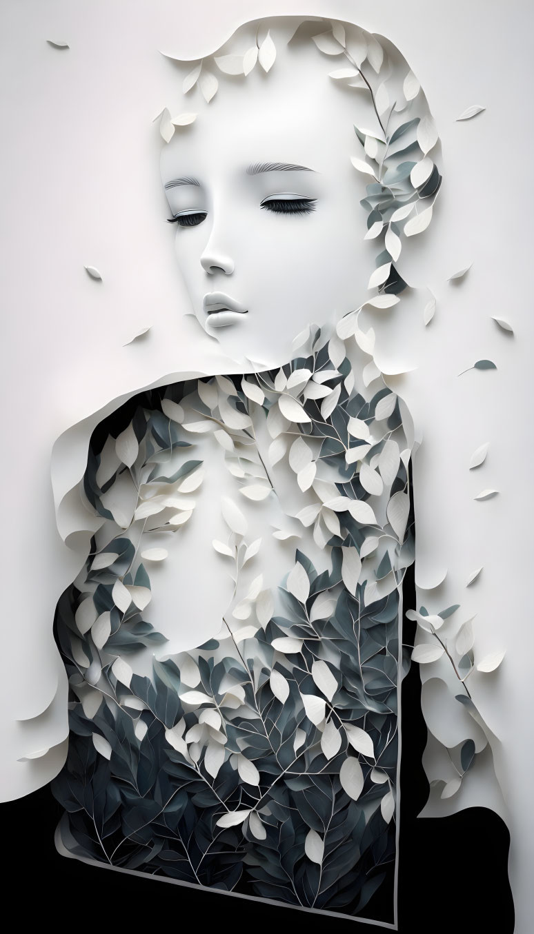 Monochrome 3D paper cut-out woman with leaf hair and clothing