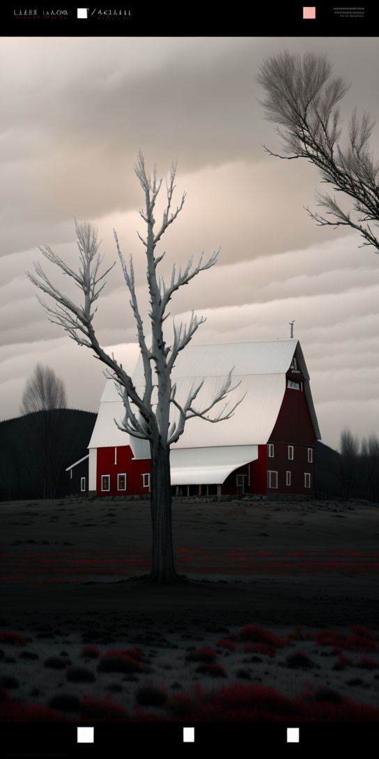 Leafless tree and red barn under cloudy sky create moody rural scene